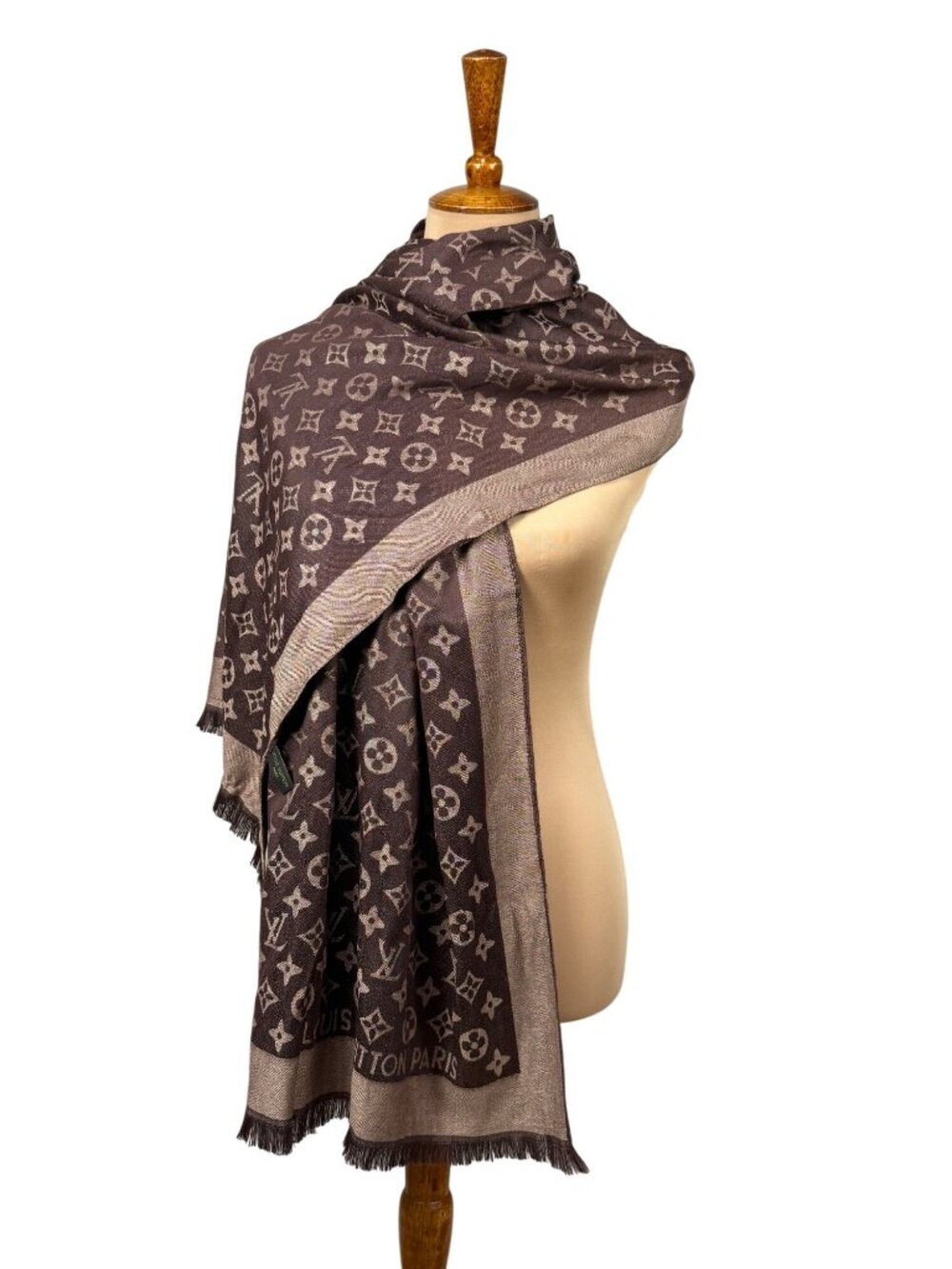 Designer Monogram Brown Fringed Cashmere Silk Scarf 26" x 70" Logo Wrap Shawl